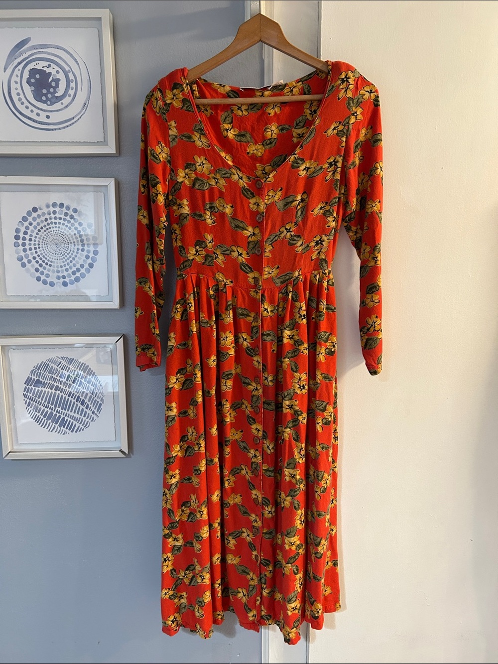 Vintage Karavan Floral Print Midi Dress Size M Boho Cottagecore Romanti Pockets